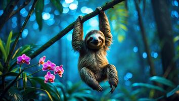 Sloth Hanging From Branch in Tropical Forest with Pink Orchids photo