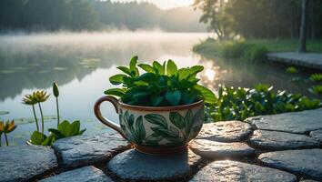 Mint Plant Growing in Decorative Cup at a Misty Lake photo