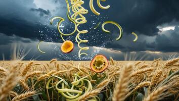 Passion Fruit and Vegetable Spirals Floating Over Wheat Field photo