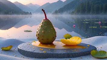 Still Life Featuring Unique Pear with Lake and Mountain Backdrop photo