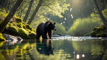 Black Bear Standing in River Water with Dragonflies and Forest photo