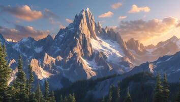Majestic Mountain Peak at Sunset with Forested Valley View photo