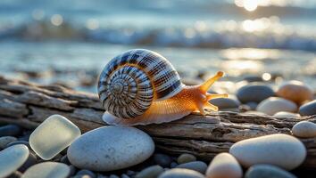 Snail Crawling on Driftwood by the Water with Pebbles Around photo