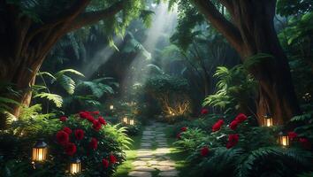 Walking Stone Path Through Lush Green Garden with Glowing Lanterns photo