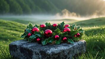 Holly Wreath with Red Ornaments on Rock in Misty Landscape photo
