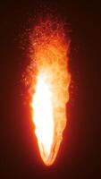 Vertical stream of fire in vivid orange and yellow, surrounded by glowing embers and smoky details in a dark environment video