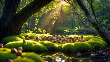 Acorn Gathering on Mossy Bed in Forest with Sun Rays photo