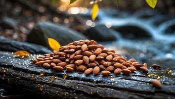 Almonds on Wet Log by Stream in Natural Light Setting photo