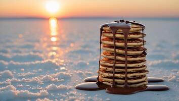 Pancake Stack with Chocolate Syrup at Sunset Tasty Desert Landscape photo