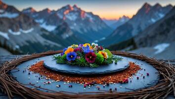 Arranging Fresh Flowers on Stone Plate with Mountain Scenery photo