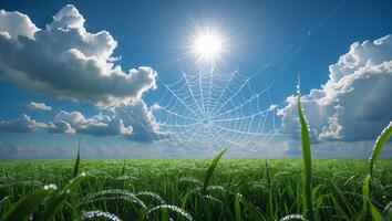 Spiderweb in Green Field Shimmers Under Sun with Cloudy Blue Sky photo