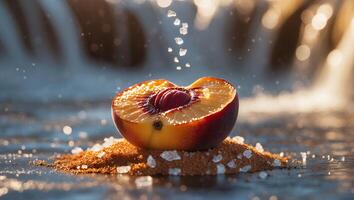 Peach Half with Falling Sugar Against Waterfall Backdrop Still Life photo