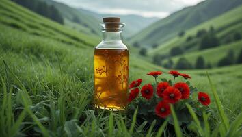 Glass Bottle with Golden Liquid and Red Flowers in Grassy Field photo