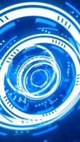 Futuristic blue digital interface composed of rotating circular elements, gauges, and HUD-style highlights glowing in perspective video
