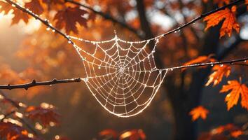 Spiderweb Covered in Dewdrops on Branches with Autumn Leaves Around photo