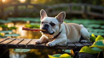 Dog Lying on Wooden Bridge with Chew Stick in Mouth at Pond photo