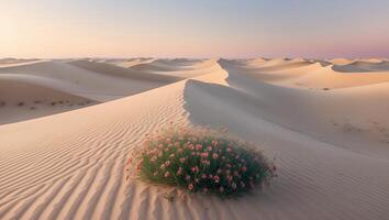 Flowers Blooming in Desert Landscape with Sand Dunes and Soft Light photo