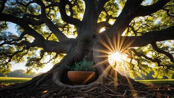 Majestic Tree with Sunburst and Potted Plant in Natural Setting photo