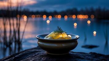 Serving Bowl with Food on a Rock Near a Tranquil Lake photo