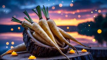 Arrangement of Parsnips in a Wooden Bowl with Candle Light at Dusk photo