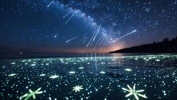 Stars Falling Over Ocean at Night with Bioluminescent Shoreline Scene photo