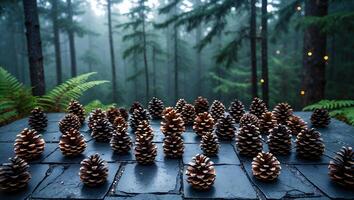 Pine Cone Arrangement with Misty Forest Background and Fern Fronds photo
