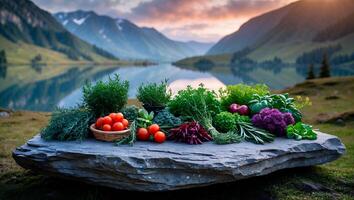 Fresh Vegetables and Herbs Displayed Outdoors with Scenic Mountain Lake View photo
