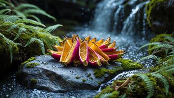 Arrangement of Sliced Oranges in Natural Waterfall Setting with Ferns photo