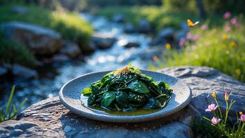 Spinach Salad with Sesame Seeds Served Beside Gentle River Flowing photo