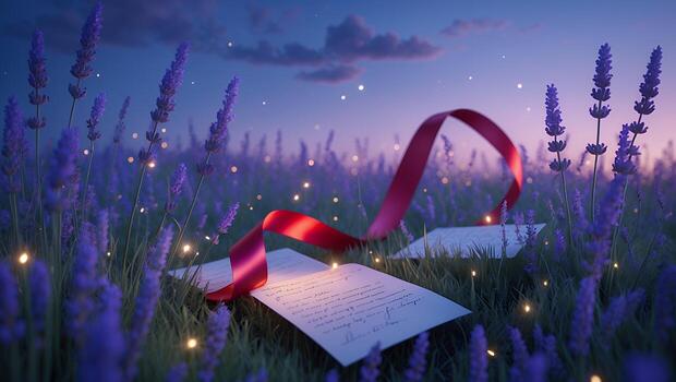 Letter with Red Ribbon on Lavender Field at Dusk with Stars photo