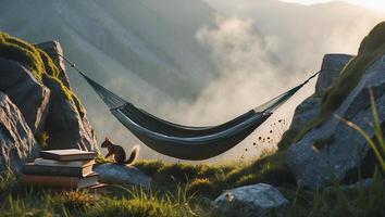 Hammock Resting in Mountain Scene with Squirrel and Books photo
