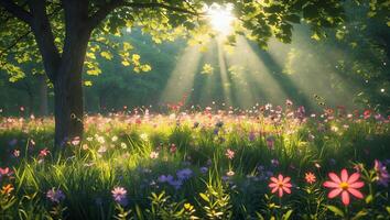 Sunlight Streaming Through Tree Canopy Over Colorful Flower Meadow Scene photo
