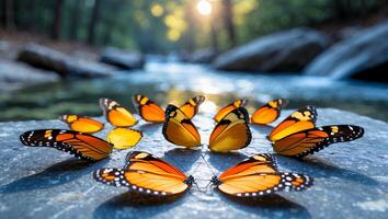 Gathering of Orange Butterflies on Rock by Water Stream at Sunrise photo