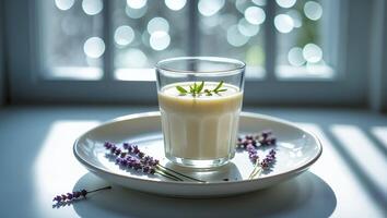 Glass of Creamy Drink with Lavender Flowers Near a Window photo