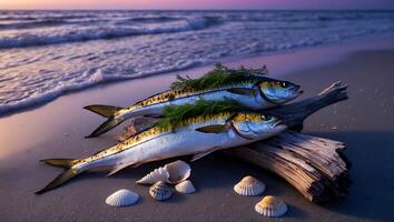 Two Fresh Fish Displayed on Beach with Sea Shells and Wood photo