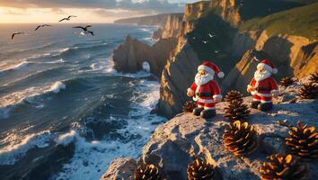 Figurines and Pine Cones on Cliff Overlooking Ocean at Sunset photo