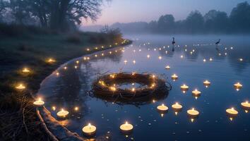 Candles Floating on Lake at Dusk with Mystical Foggy Atmosphere photo