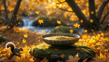 Squirrel Discovering Bowl with Seeds in Autumn Forest Setting photo