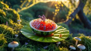 Watermelon Dessert on Leaf with Lavender in Forest Setting photo