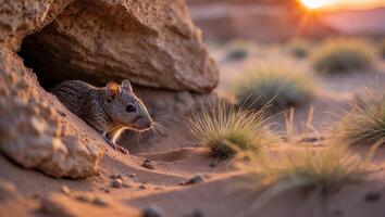 Mouse Emerging From Burrow in Desert Landscape at Golden Hour photo