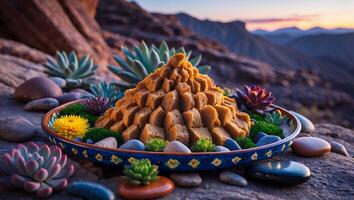 Stacked Food Pyramid with Succulents on a Decorative Plate Outdoor photo
