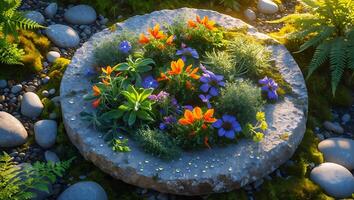 Colorful Flowers Growing in Stone Planter with Moss and Rocks photo