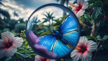 Blue Butterfly Perched on Flower Through a Lens in Nature photo