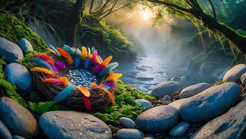 Bird Nest with Colorful Feathers and Coins by Flowing Stream photo