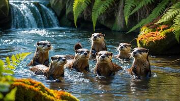 Otters Swimming in River with Waterfall and Lush Greenery photo
