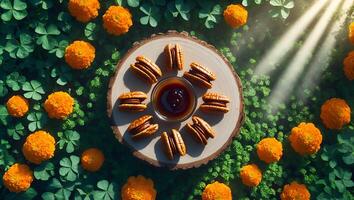 Pecan Treats and Dip on Wood Surrounded by Greenery and Flowers photo