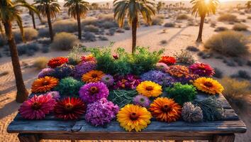 Flowers and Herbs on Wooden Table in Desert Landscape at Sunset photo
