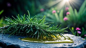 Rosemary Sprig with Olive Oil on Stone Slab in Garden Setting photo