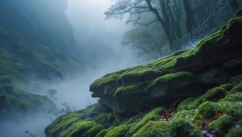 Mossy Rock Formation with Cobweb in Misty Forest Landscape photo