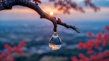 Ladybug and Water Drop on Branch Reflecting Sunset Landscape photo